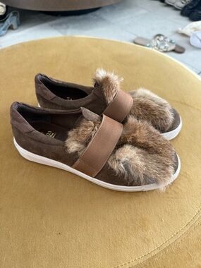 Women’s Brown Faux Fur Slip-On Sneakers with Elastic Strap